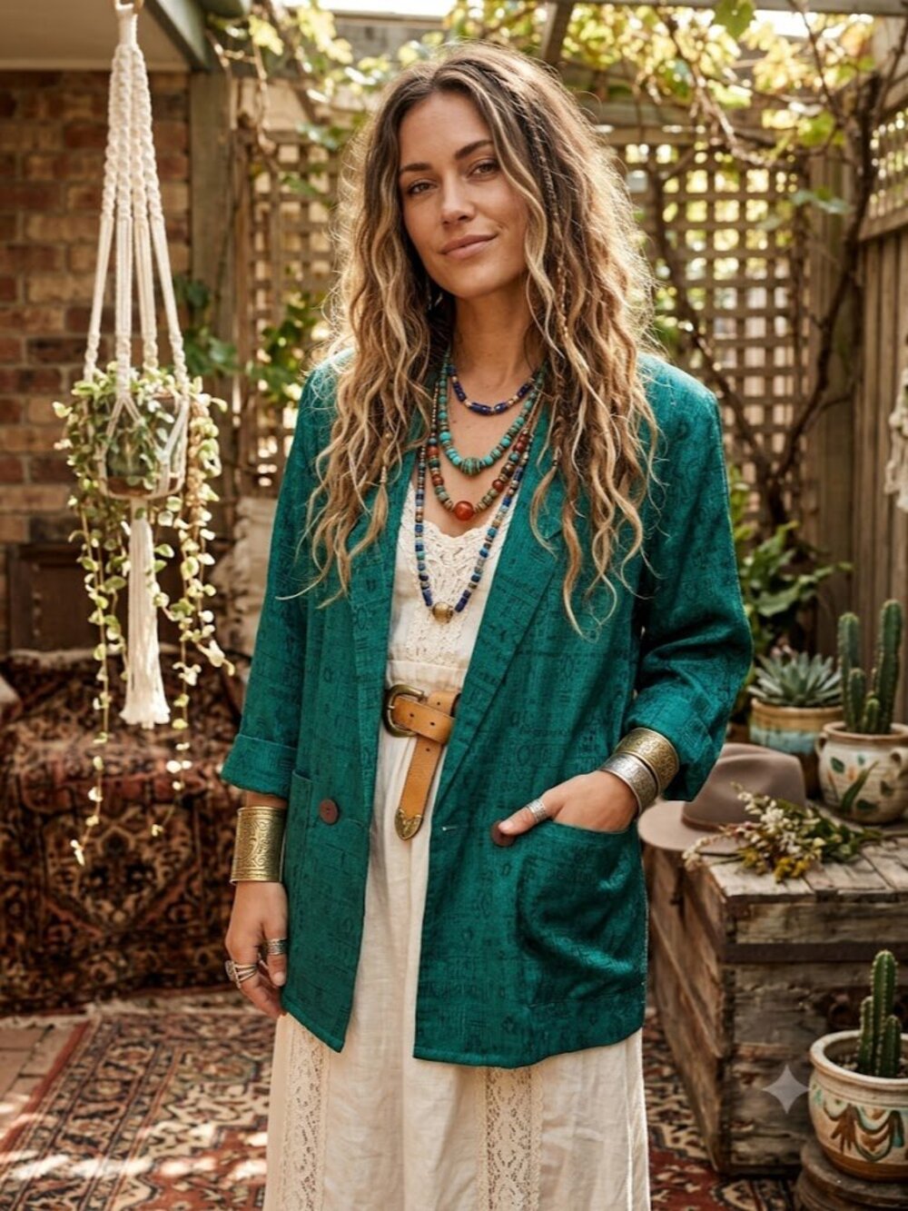 Vintage Emerald Patterned Women's Blazer Jacket - Green
